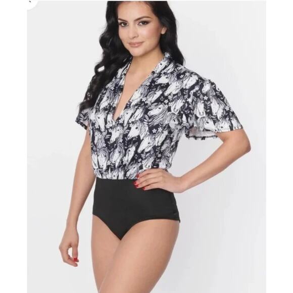 Unique Vintage 1970’s Black Wild Horses Flutter Sleeve Bodysuit 2X 18 NWOT - Picture 4 of 5